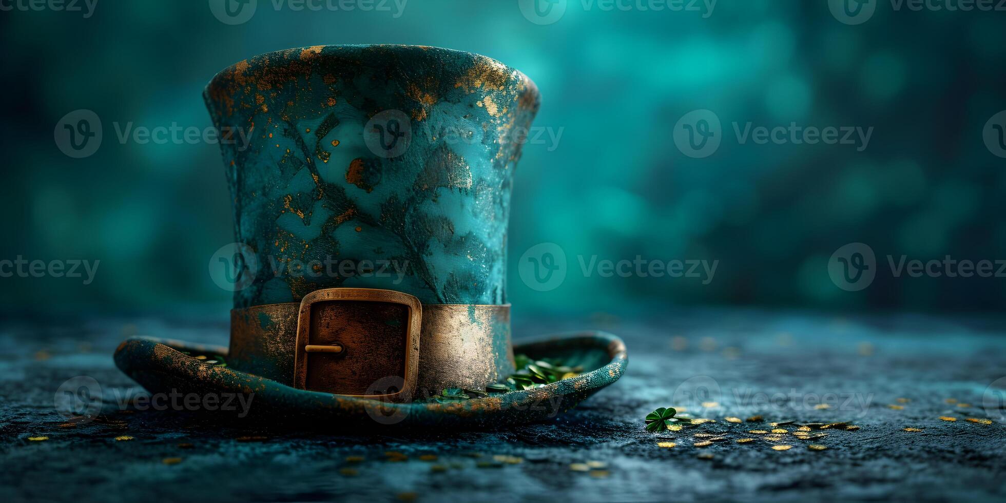 AI generated The Saint Patrick's day hat on green background. St. Patrick's Day banner concept with copy space. photo