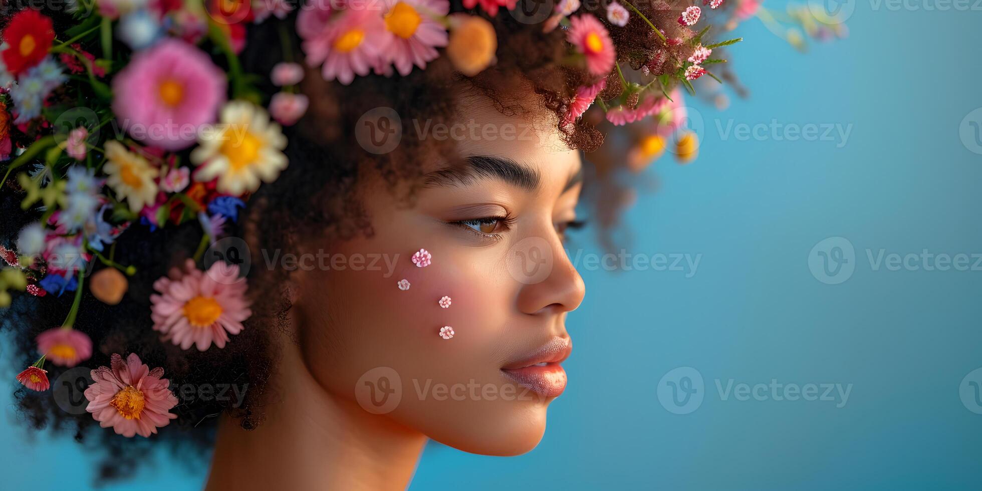 AI generated Female portrait in profile with spring and summer flowers in her head hair, on pastel blue background. Creative International Women's history month day banner with copy space. photo