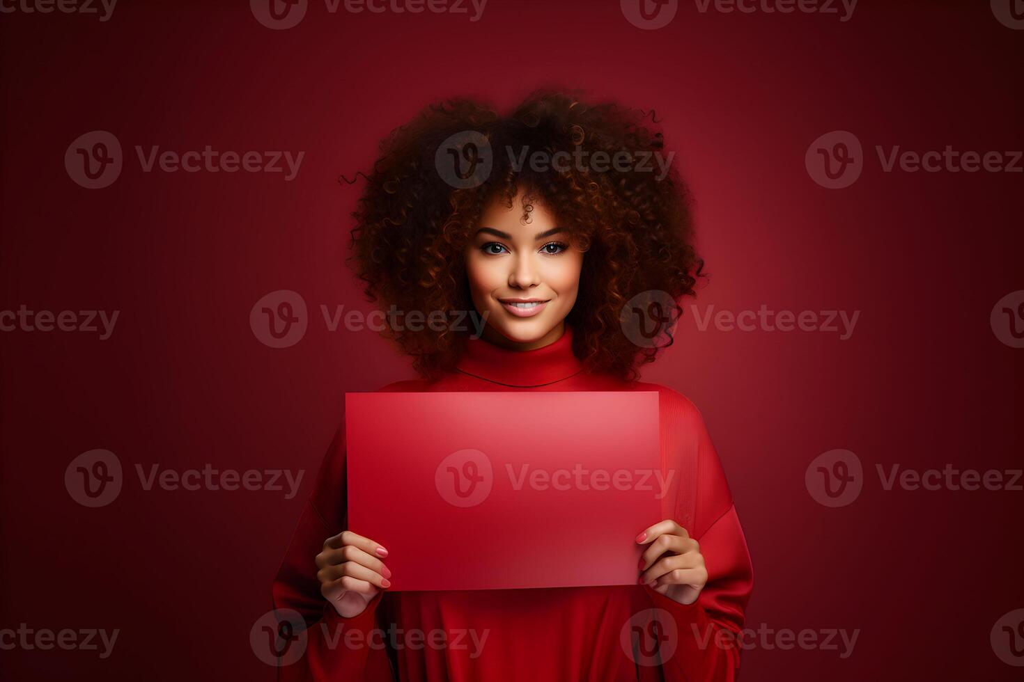 ai generado joven morena mujer participación un rojo blanco cartel o vacío papel firmar bandera en su manos, en rojo antecedentes. diseño póster plantilla, impresión presentación Bosquejo. foto