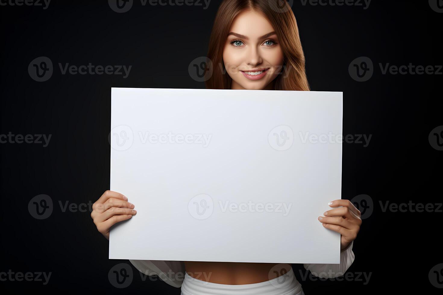 AI generated Young brunette woman holding a blank placard or empty paper sign banner in her hands, on dark background. Design poster template, print presentation mock-up. photo