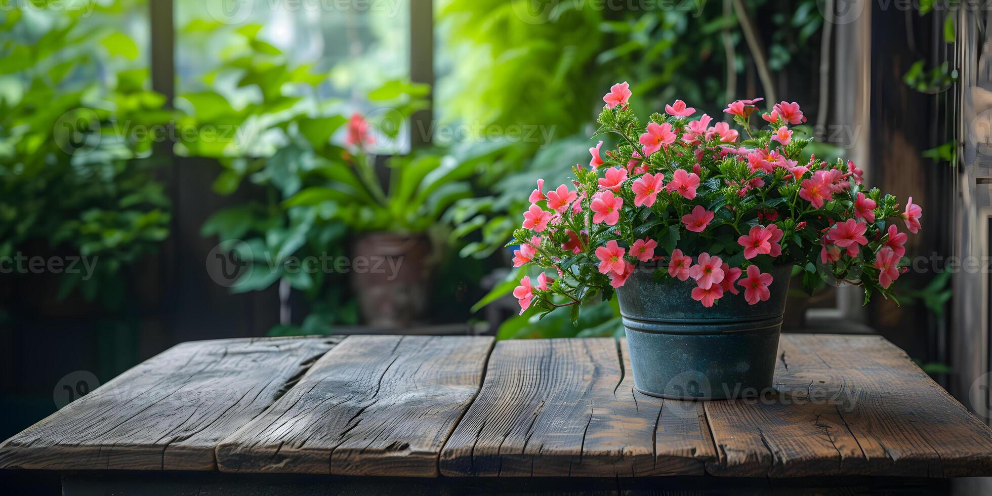 ai generado vacío de madera mesa antecedentes con vistoso jardín flores y riego poder. jardinería Bosquejo concepto con Copiar espacio. foto