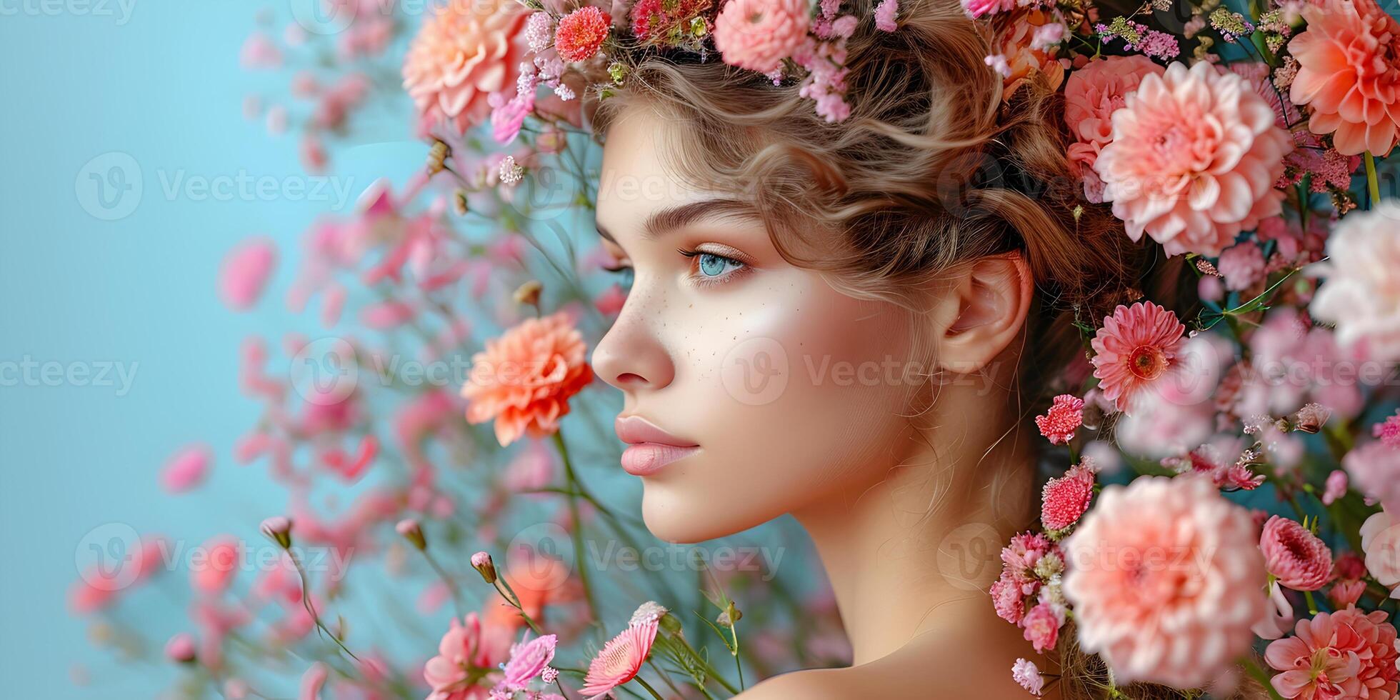 AI generated Female portrait in profile with spring and summer flowers in her head hair, on pastel blue background. Creative International Women's history month day banner with copy space. photo