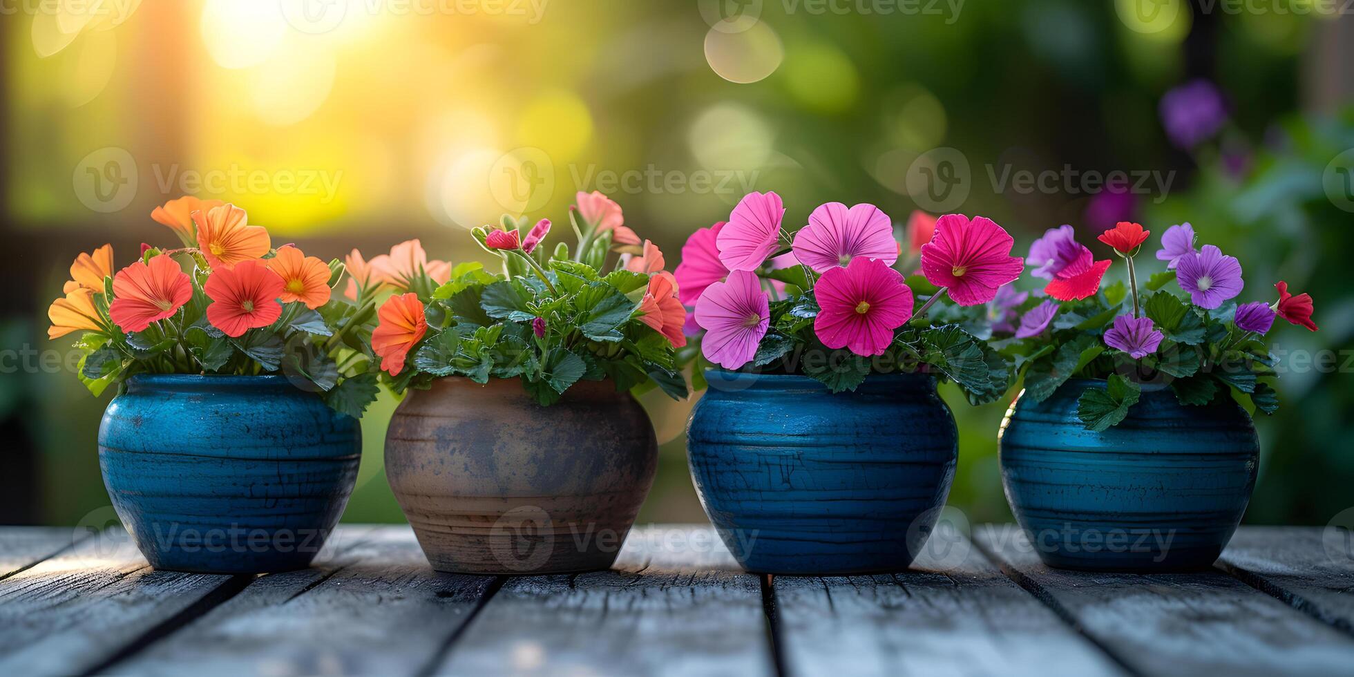 AI generated Colorful garden flowers in the pots on wooden table. Gardening background mockup concept. photo