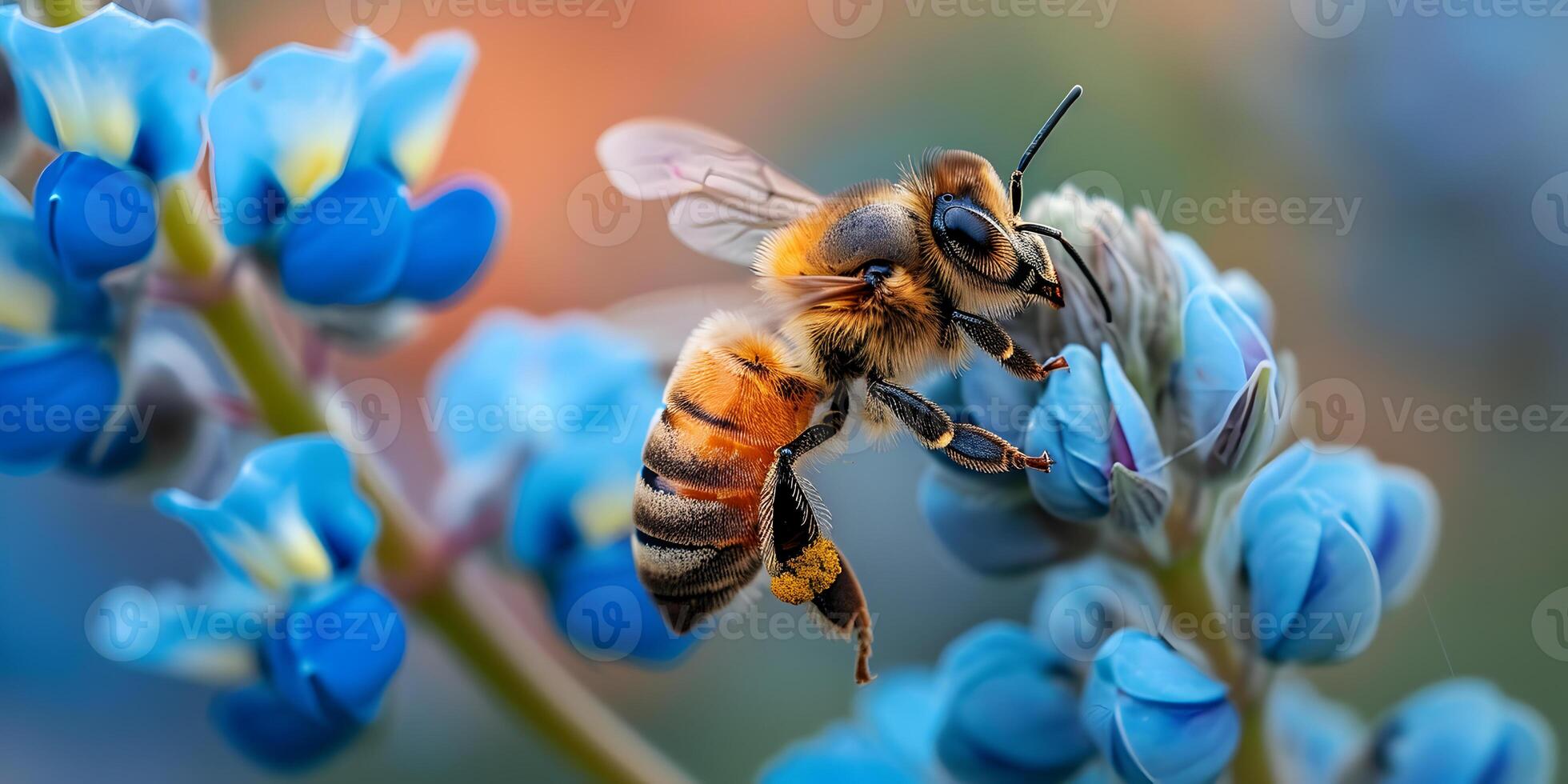 ai generado miel abeja cubierto con amarillo polen coleccionar néctar desde lupino flor. de cerca bandera, primavera y verano antecedentes. apicultura, fauna silvestre y ecología concepto. foto