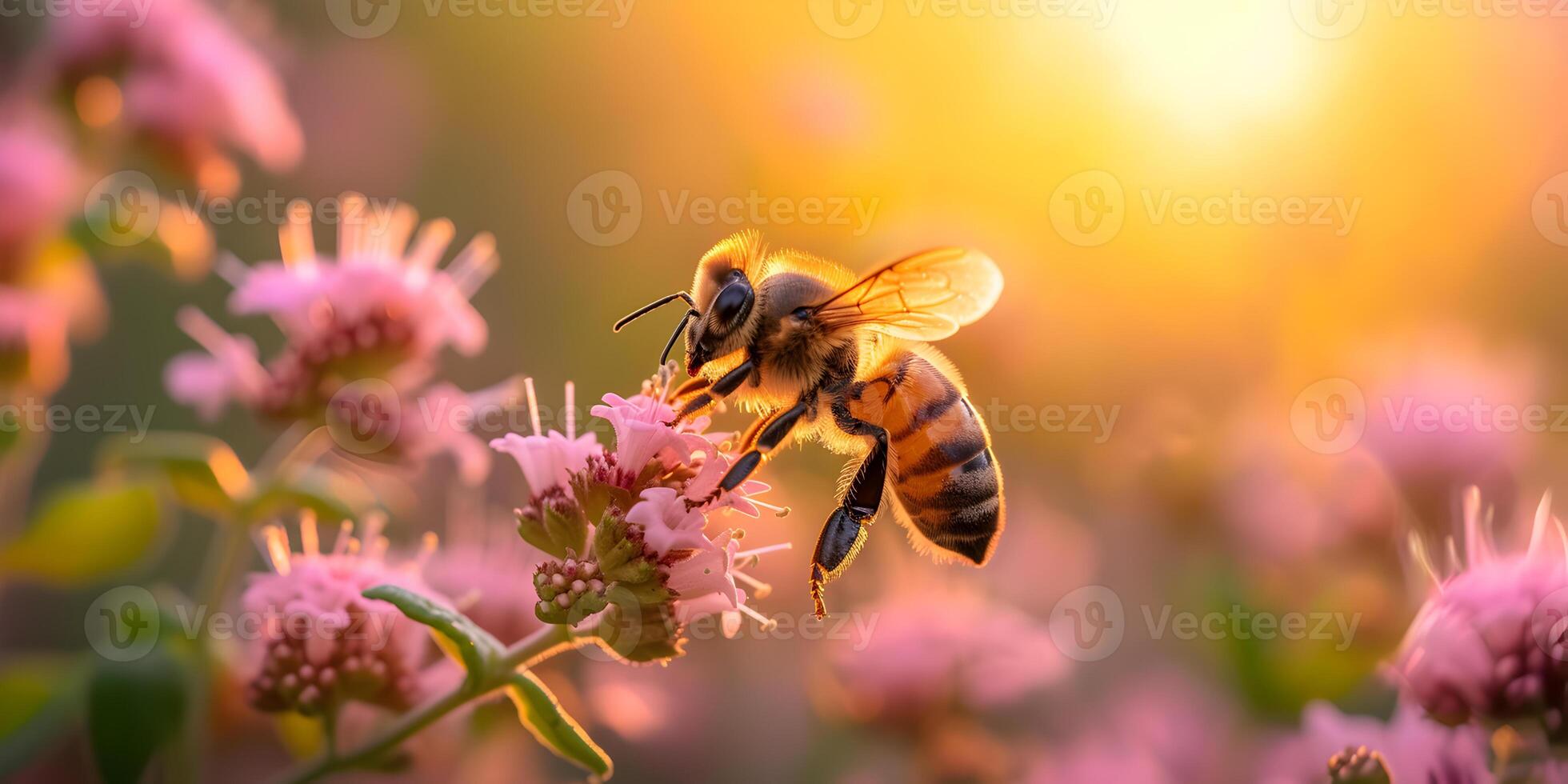 AI generated Honey bee covered with yellow pollen collecting nectar from meadow flowers. Close-up banner, spring and summer background. Beekeeping, wildlife and ecology concept. photo