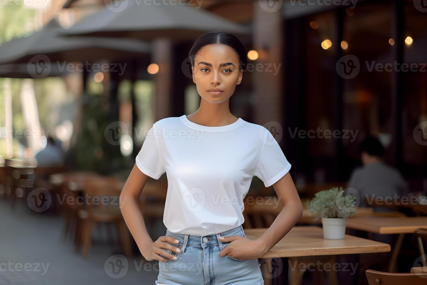 AI generated Young woman wearing bella canvas white t shirt and jeans, at a cozy restaurant on summers day. Design tshirt template, print presentation mockup. Ai generated. photo