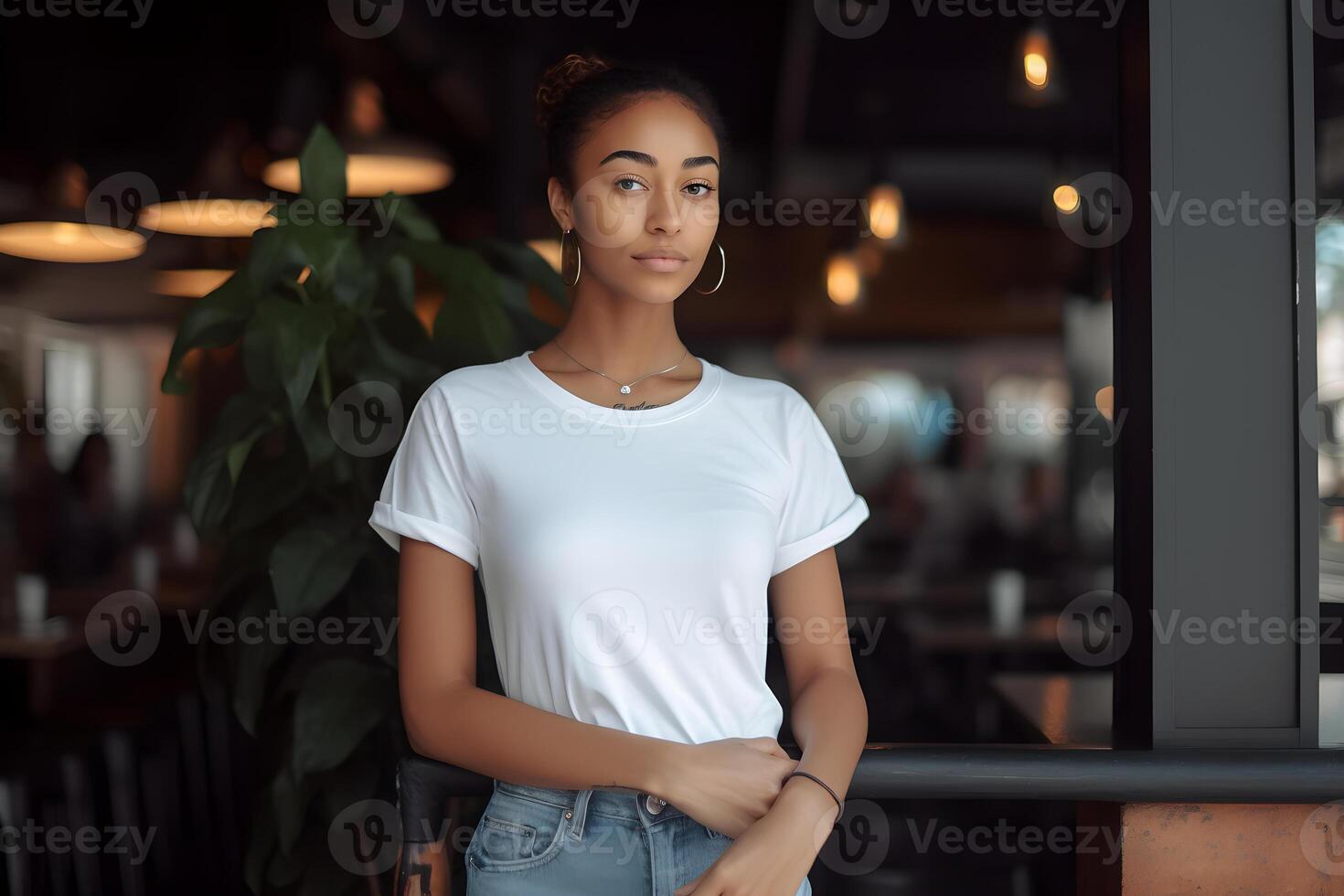 AI generated Young woman wearing bella canvas white t shirt and jeans, at a cozy restaurant on summers day. Design tshirt template, print presentation mockup. Ai generated. photo