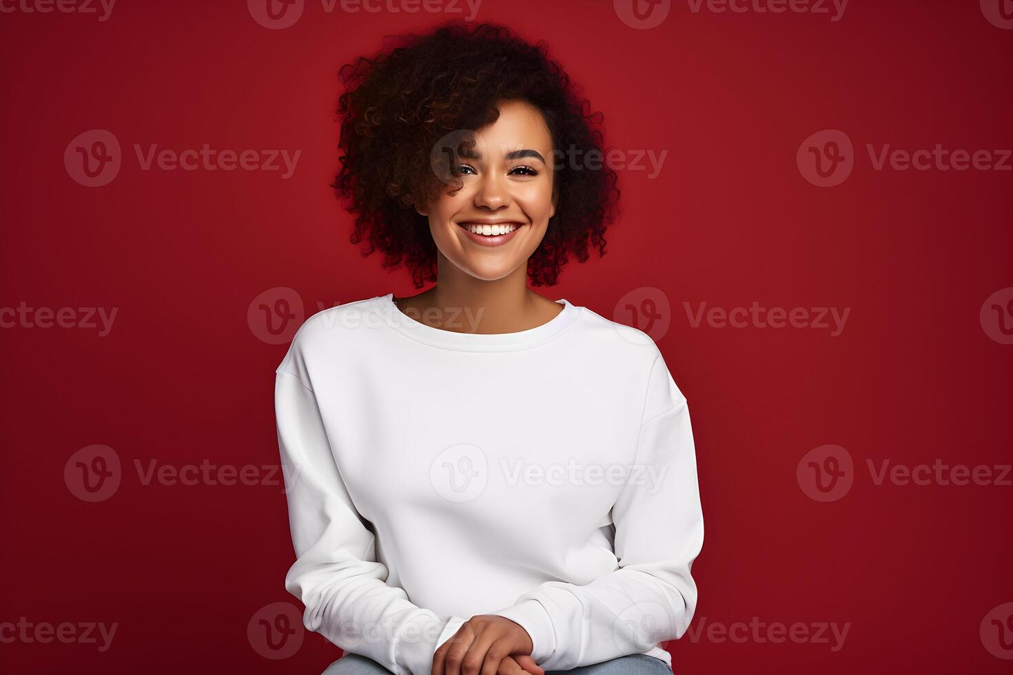 AI generated Young woman wearing white sweatshirt mockup, at red background. Design pullover template, print presentation mock-up. photo