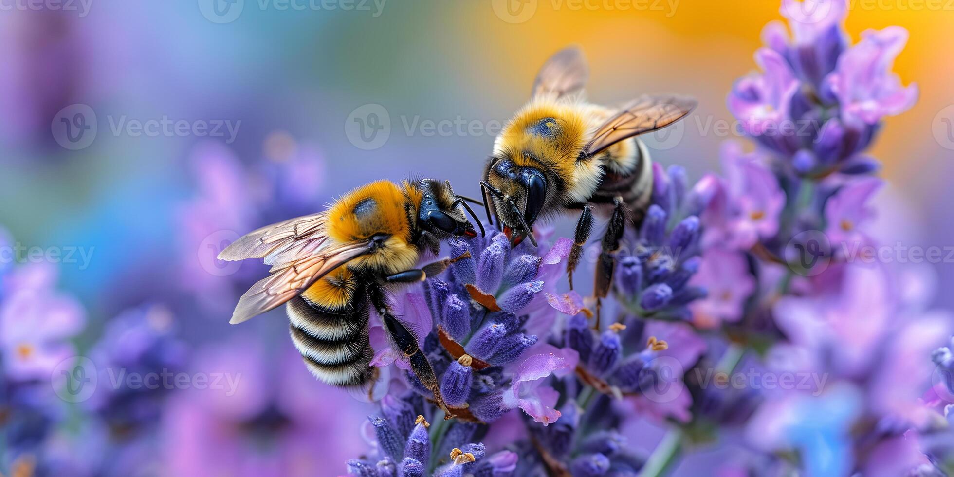 AI generated Honey bees covered with yellow pollen collecting nectar from lavender flower. Close-up banner, spring and summer background. Beekeeping, wildlife and ecology concept. photo