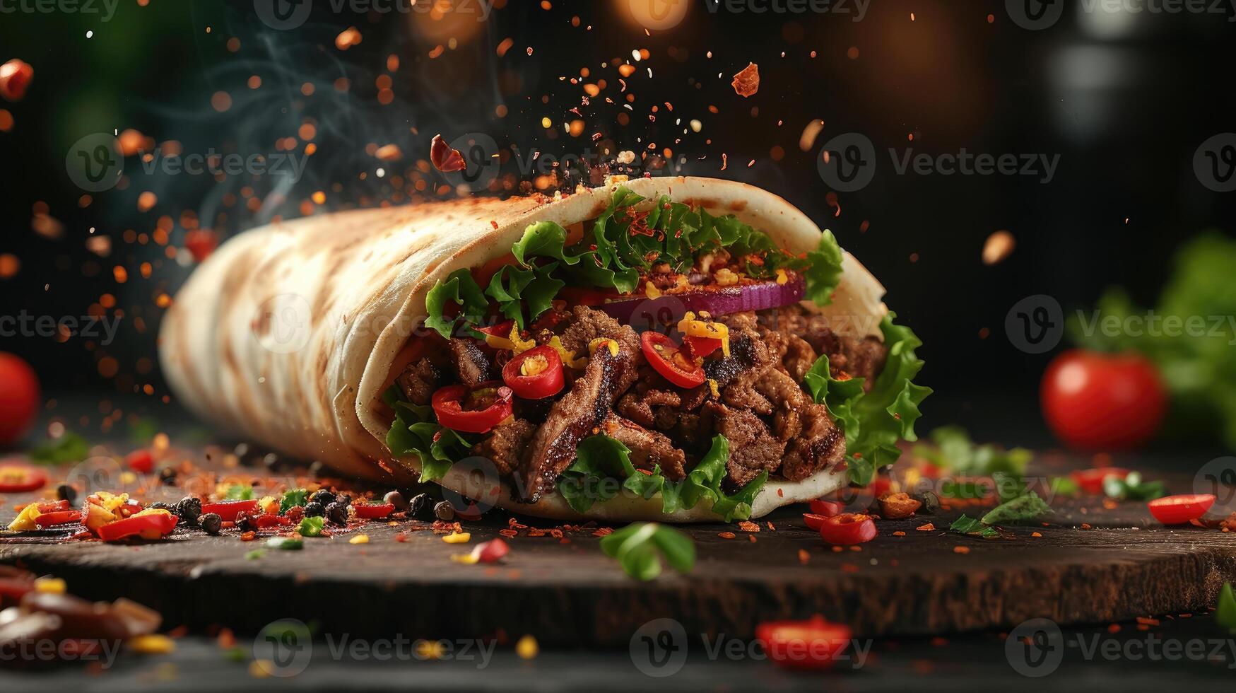 AI generated Shawarma. Fresh Meat Prepared Shawarma Pita with vibrant vegetable fillings is served in soft pita bread, of spices on rustic wooden background, suggesting a sizzling photo