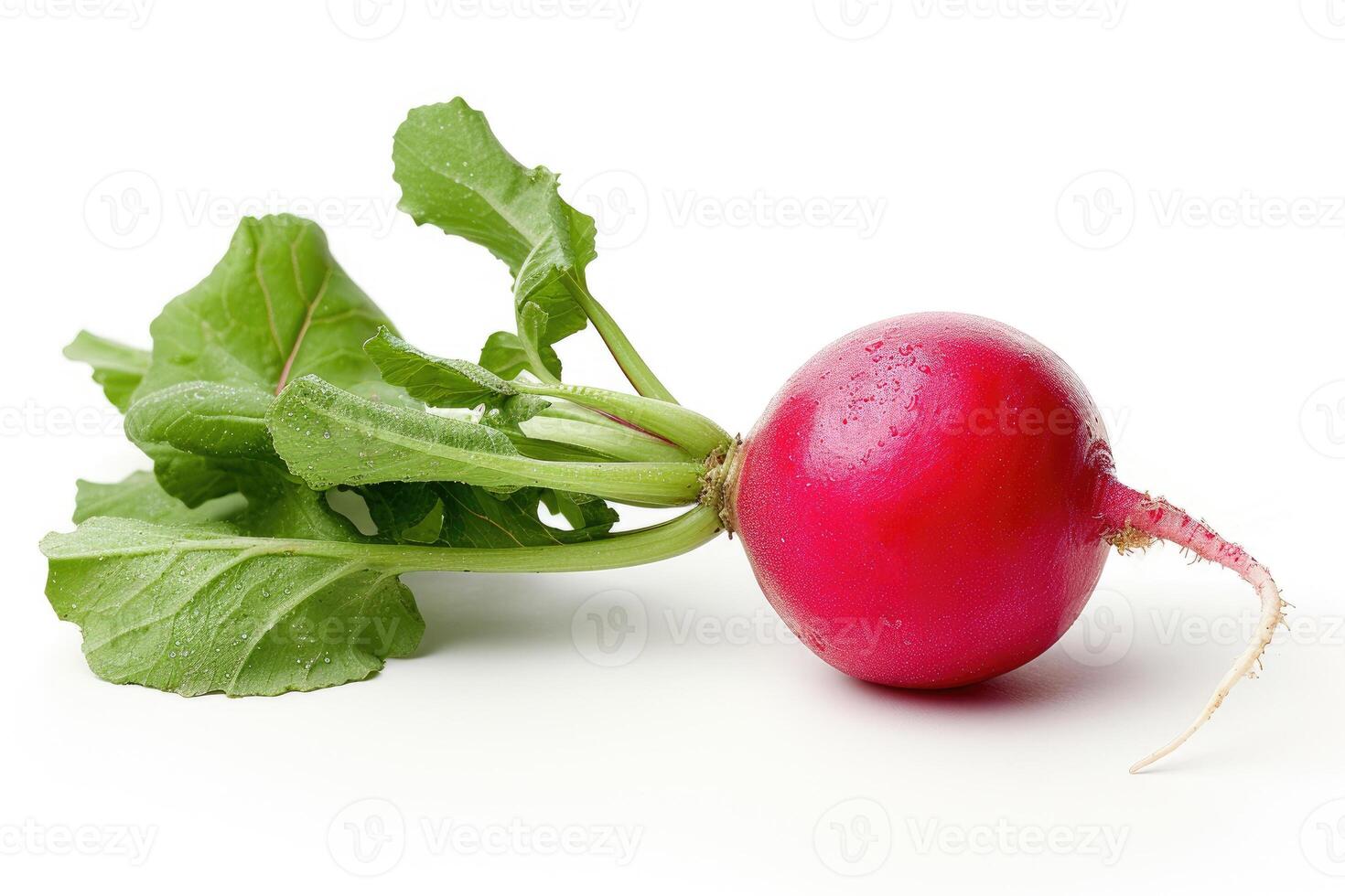 AI generated Fresh Red Radish With Vibrant Green Leaves Isolated on a White Background A single fresh red radish with green leaves sits isolated against a pure white background photo