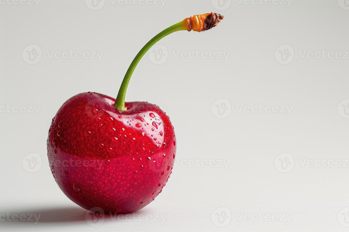 AI generated Fresh Red Cherry With Water Droplets on a White Background A close-up image of a vibrant red cherry covered in water droplets against a clean, white backdrop photo