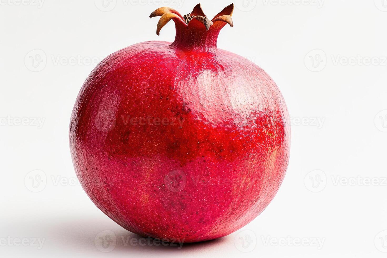 AI generated Close-Up View of a Ripe Pomegranate on a White Background This image shows a detailed and vibrant red pomegranate with a smooth, shiny skin isolated against a clean white backdrop. photo