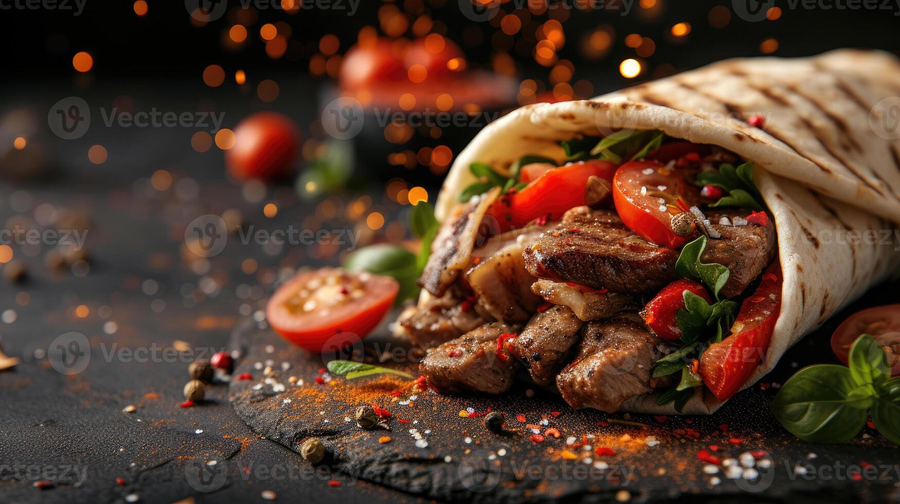 AI generated Shawarma. Fresh Meat Prepared Shawarma Pita with vibrant vegetable fillings is served in soft pita bread, of spices on rustic wooden background, suggesting a sizzling, photo