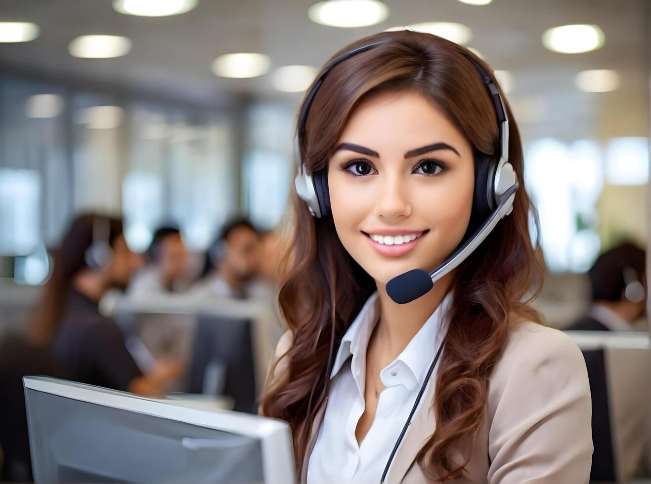 AI generated beautiful girl Customer Service Operator Call Center Woman Talking with Customer photo