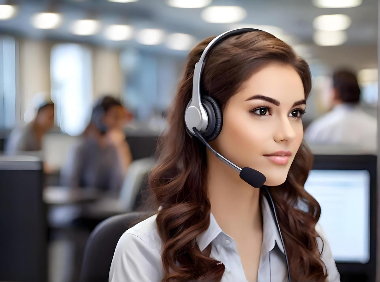 AI generated beautiful girl Customer Service Operator Call Center Woman Talking with Customer photo