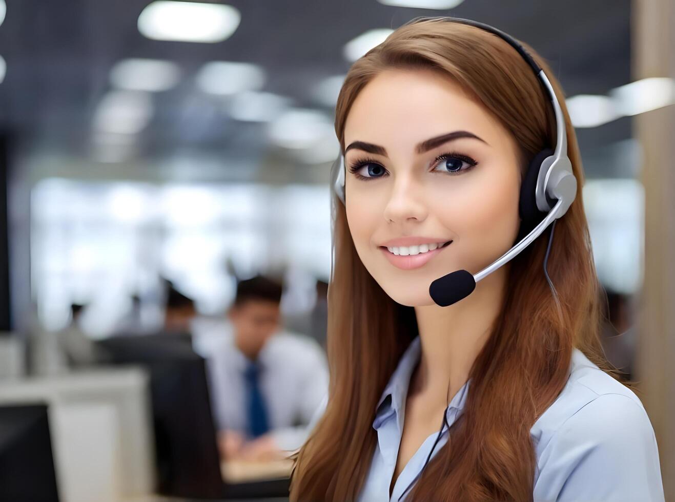 AI generated beautiful girl Customer Service Operator Call Center Woman Talking with Customer photo