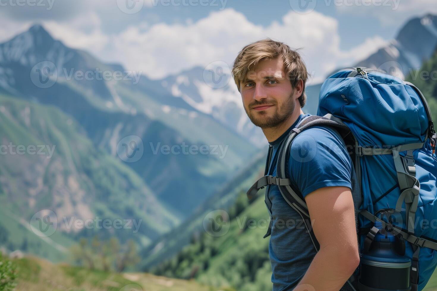 AI generated man with backpack looking at mountain, AI generated photo