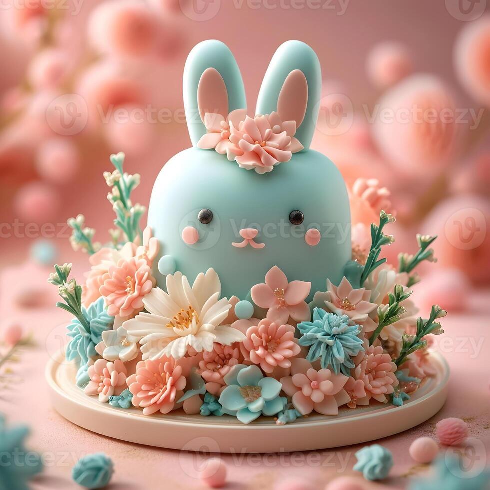 AI generated Easter cake decorated with bunny and flowers photo