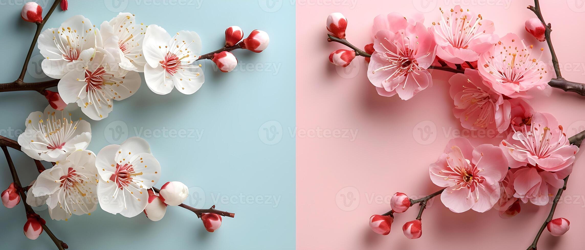 AI generated Background of soft blue and pink colors with spring flowers photo