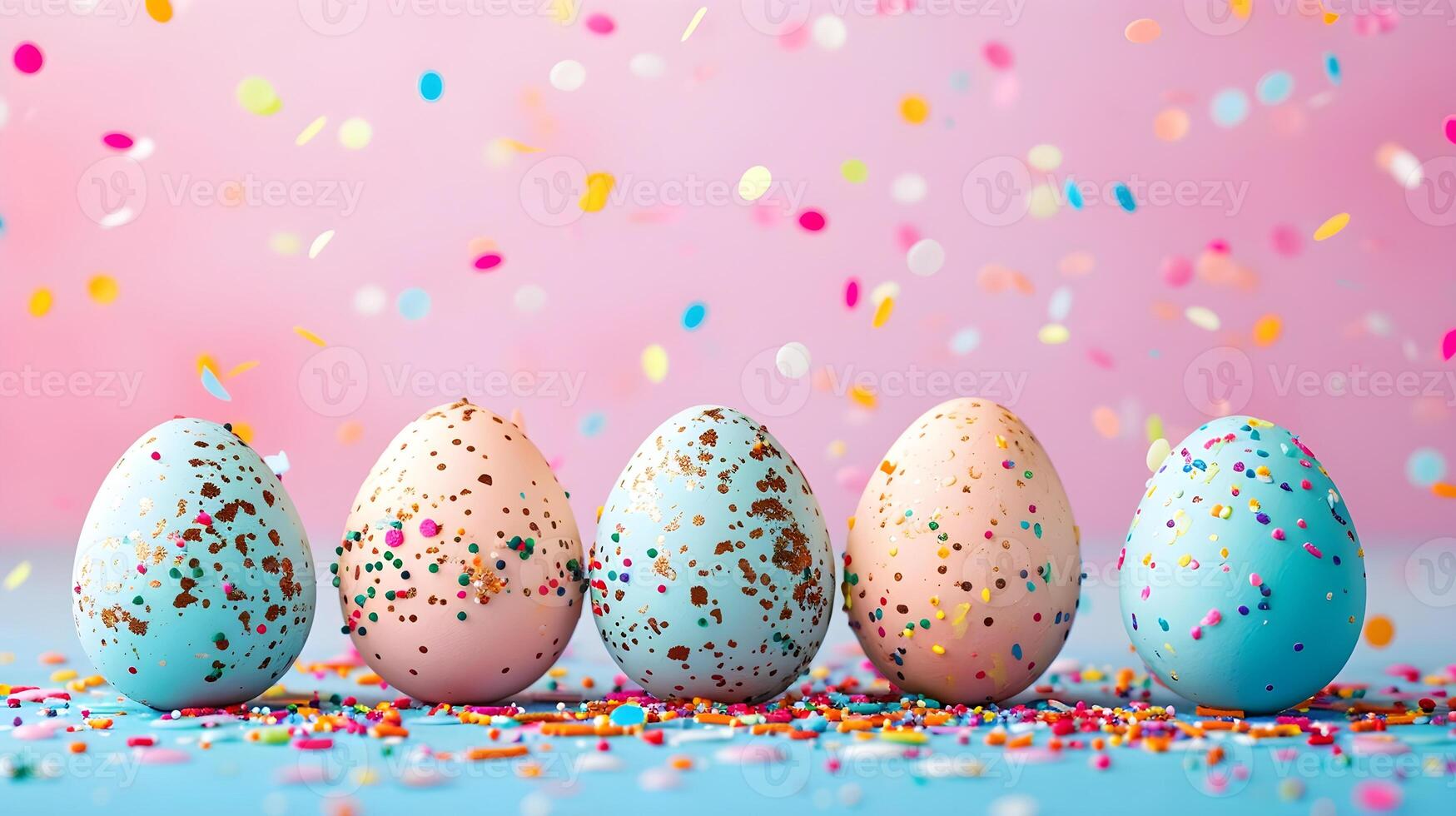 AI generated Easter eggs on a gradient background with flying confetti photo
