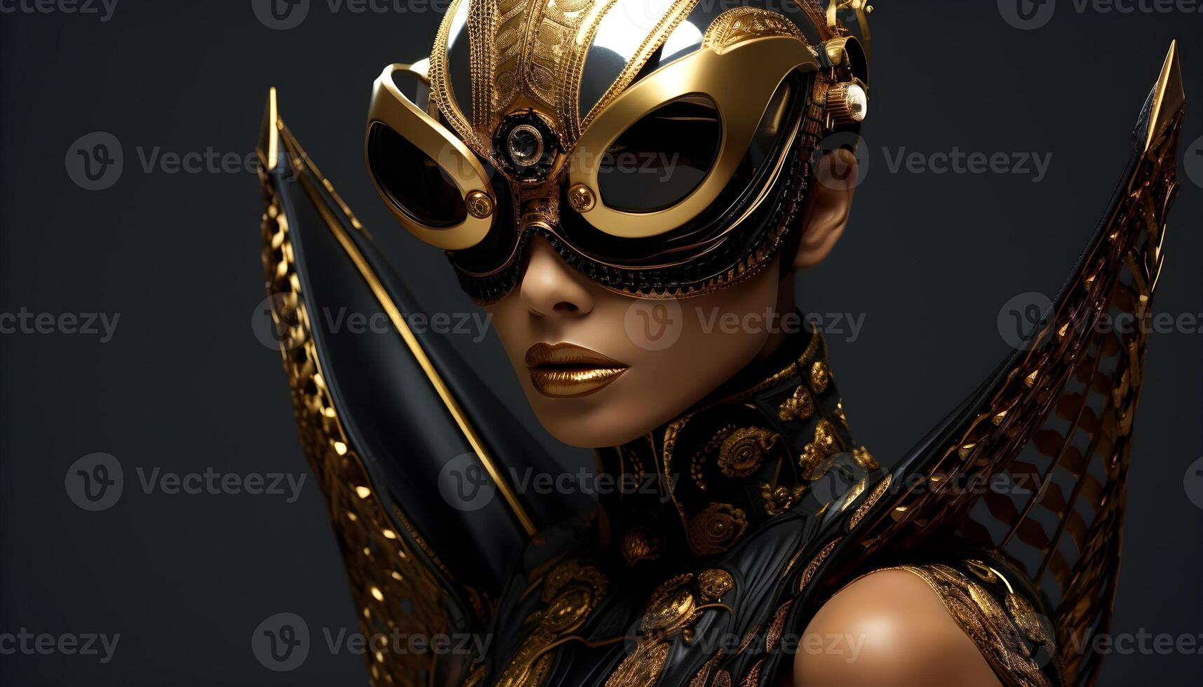 AI generated Young woman wearing sunglasses and a futuristic gold outfit. photo