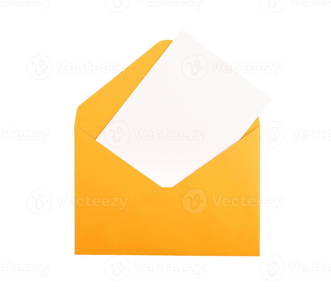 Blank card, postcard mockup in open paper envelope, isolated on white photo