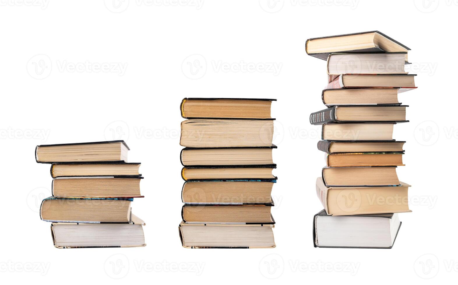 Three stacks of books, piled on top of each other. Old literature heaps, stairs, isolated on white photo