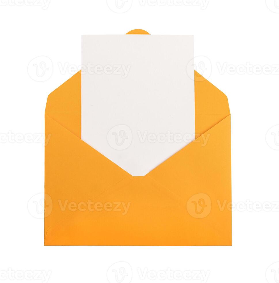 Postcard, vertical card mockup, clean paper sheet from open envelope isolated on white background photo