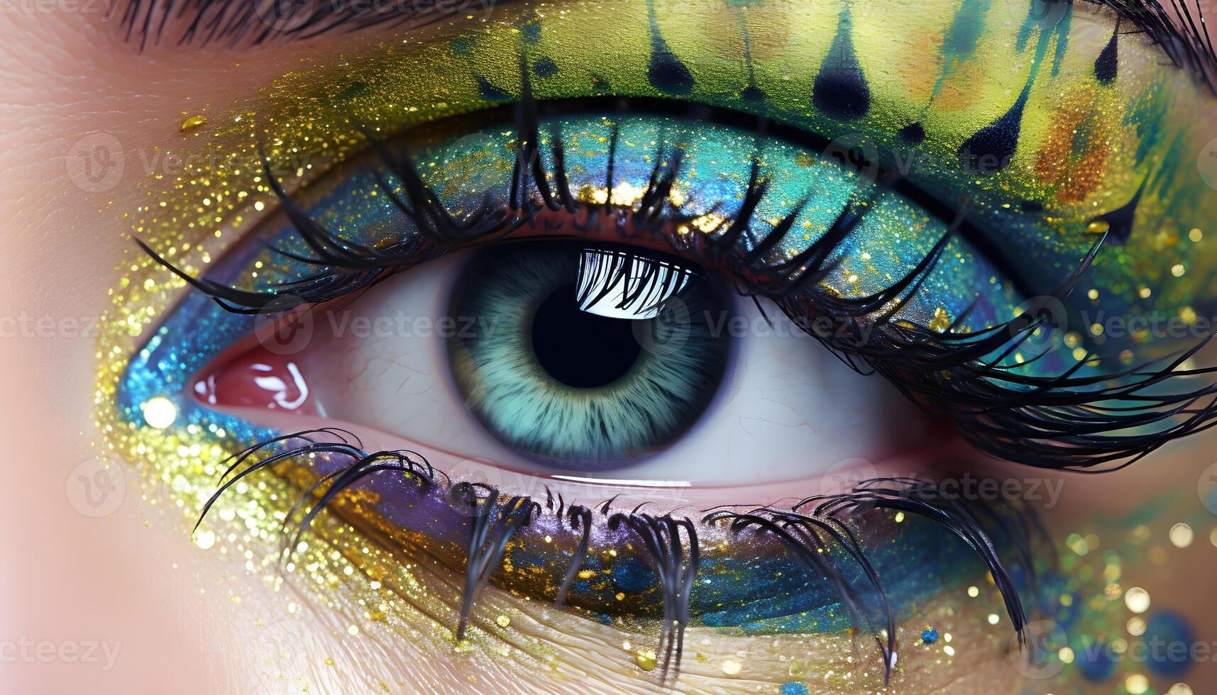 AI generated Close-up of a woman's eye with bright makeup. photo