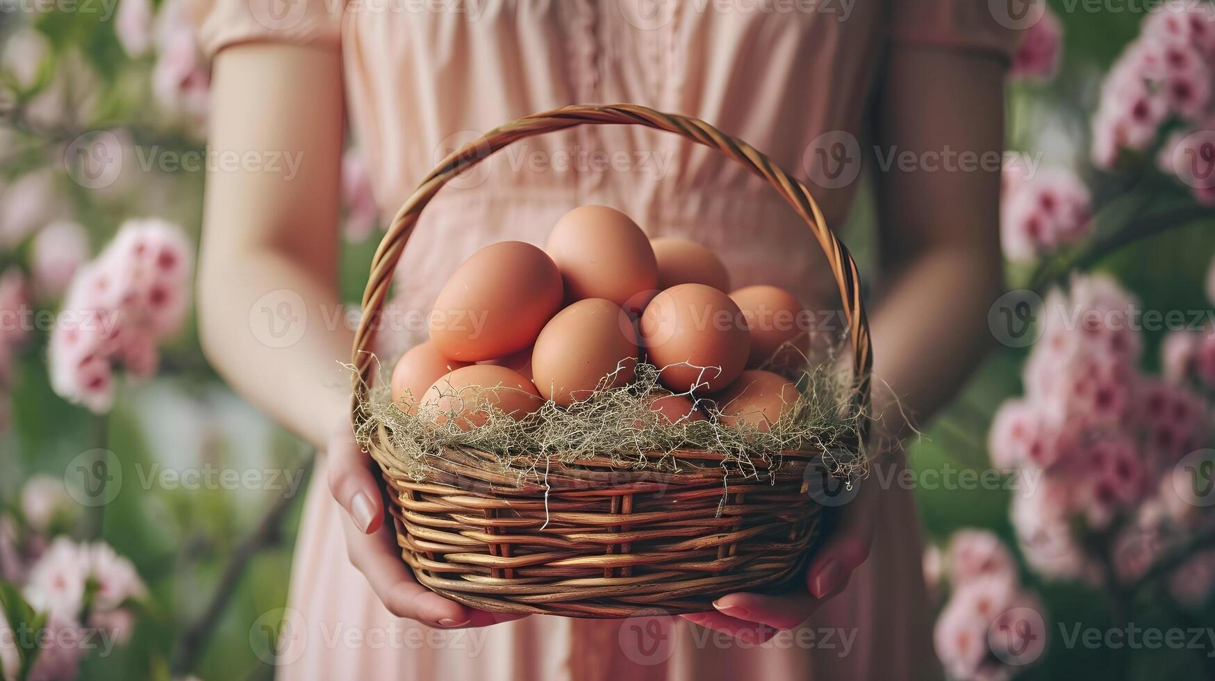 AI generated A girl holds a basket of  eggs in her hands. photo