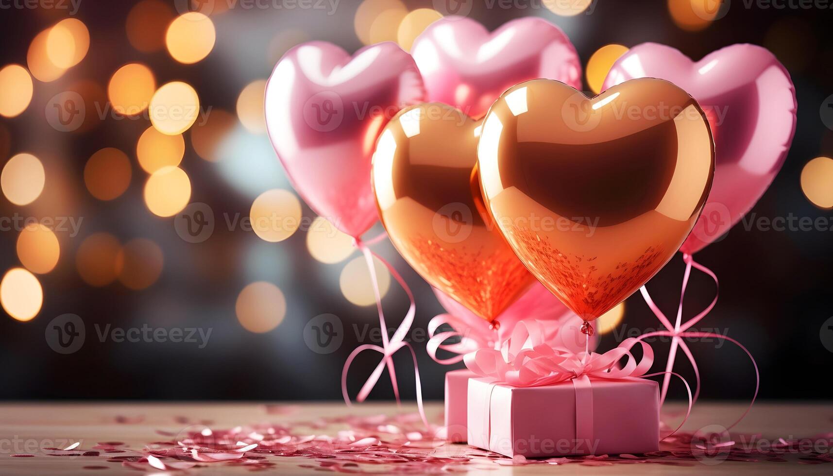 AI generated Heart shaped balloons with gift boxes on dark background with yellow bokeh. photo