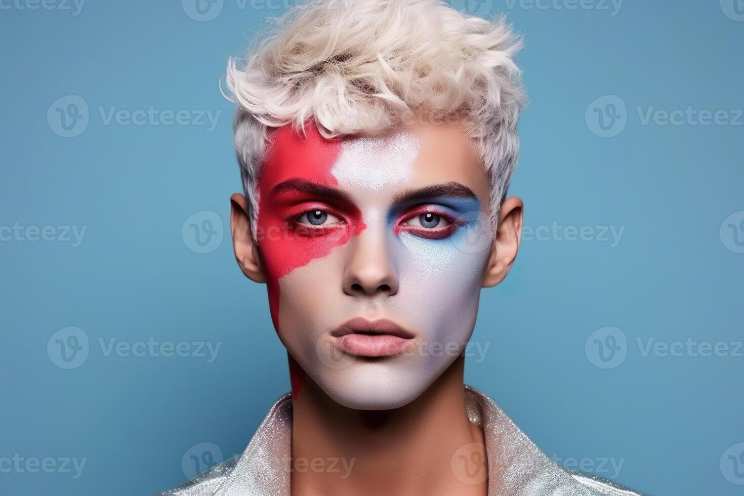 AI generated Male fashion portrait with creative makeup, eyeshadows. Young sassy sexy man with painted face photo