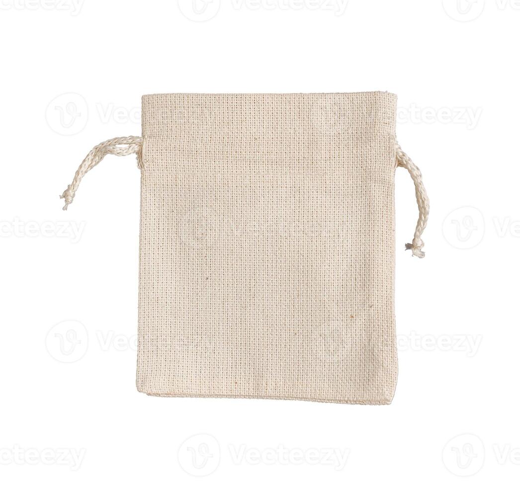 Empty textile bag mockup. Natural eco fabric linen sack. Cotton canvas pack isolated on white photo