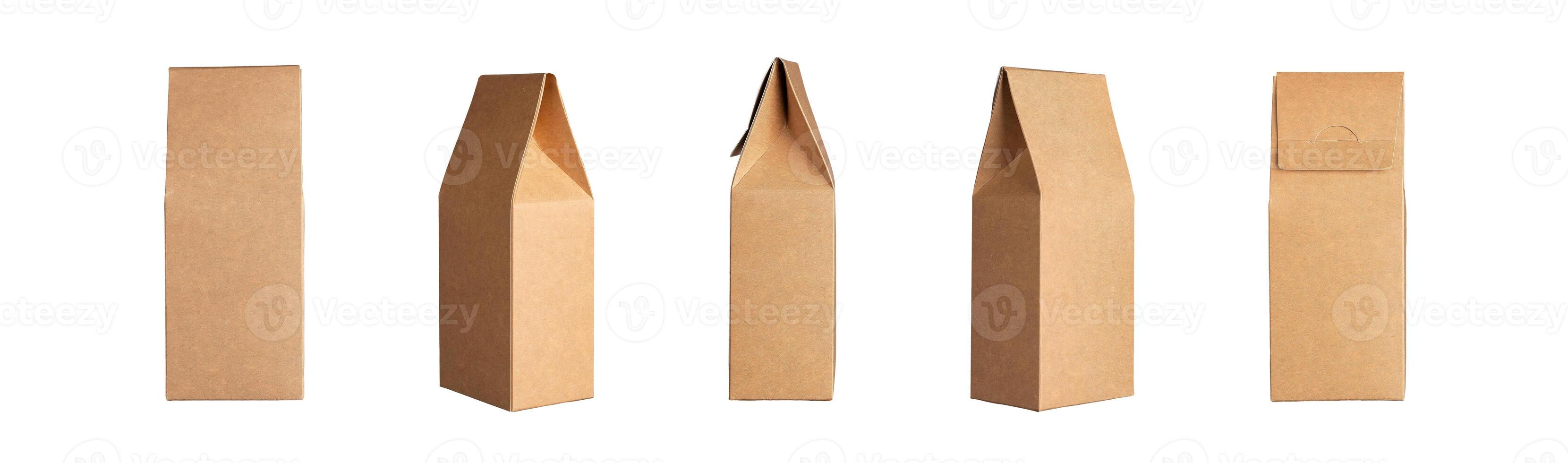 Blank kraft product package, vertical box mockup. Brown carton packs set mock up, isolated on white photo