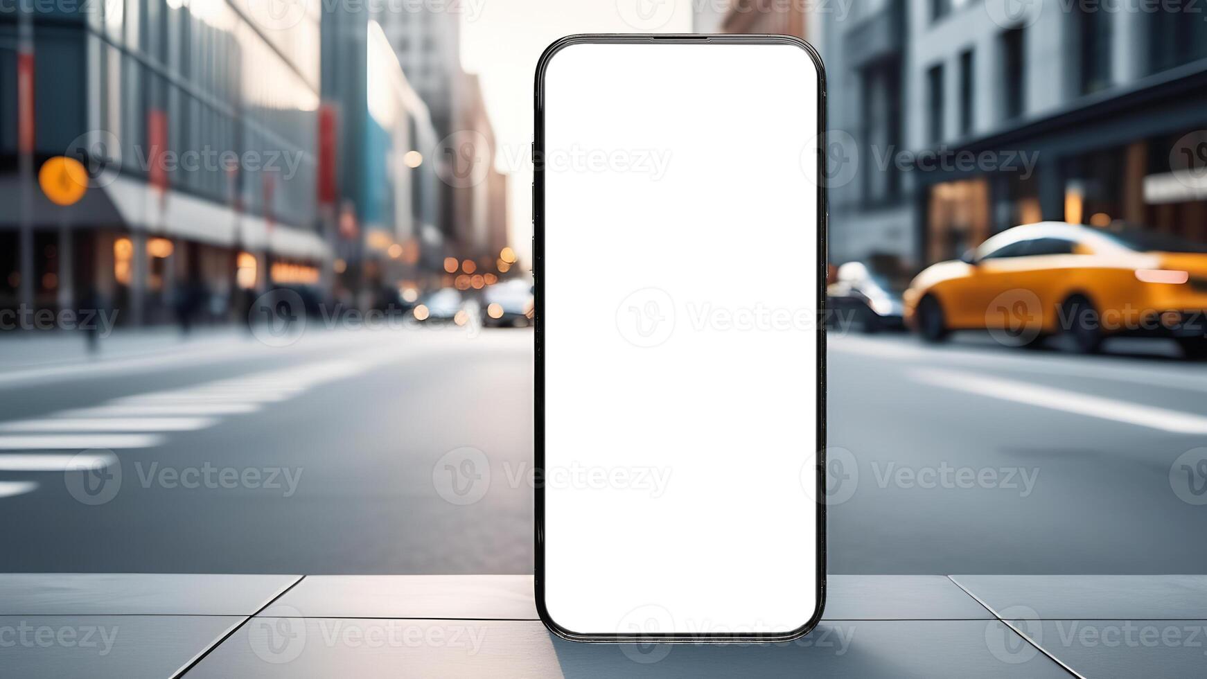 AI generated Mobile phone screen mockup on city street. Smartphone mock up for taxi photo