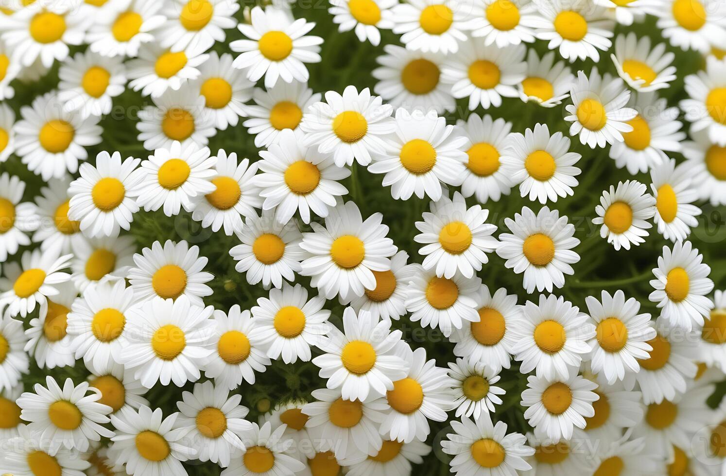 AI generated Chamomile field, top view. Many camomiles background photo