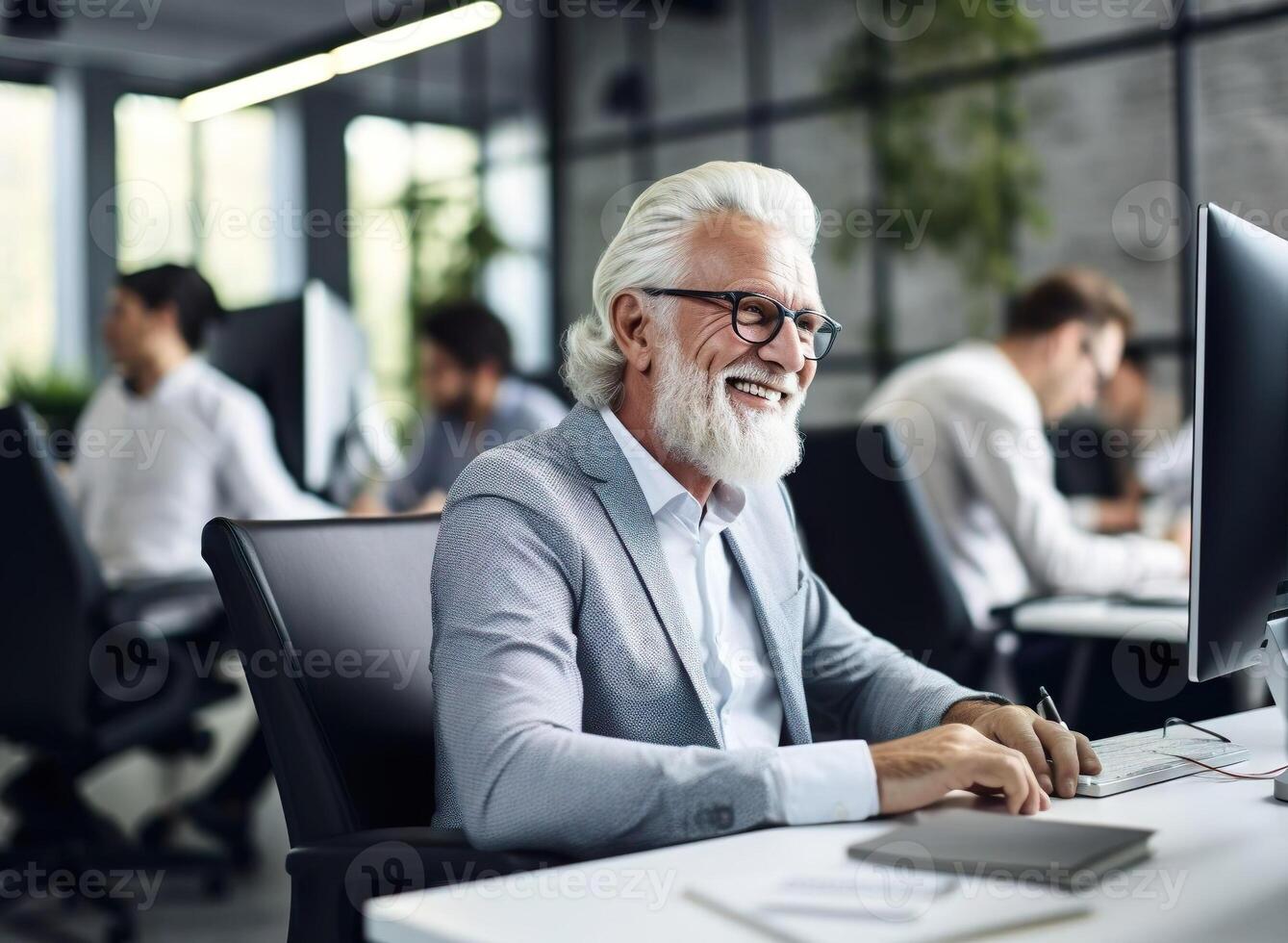 AI generated Senior employee, office worker works at workplace. Old manager smiling, sitting at desk photo