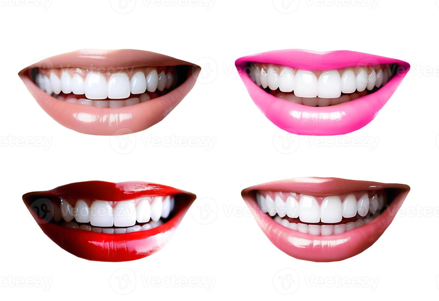 AI generated Happy healthy smiles set, clean perfect teeth and lips isolated on white background photo