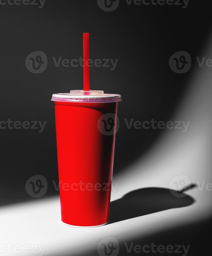 Red paper cup, mug with straw mockup photo