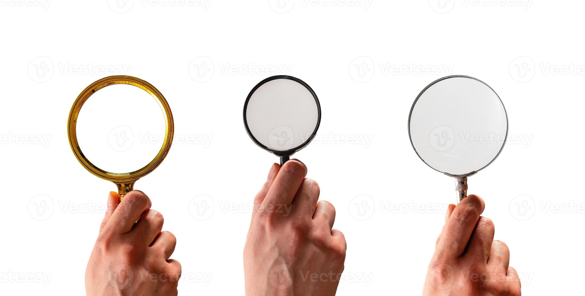 Hand holding magnifying glass, lens, magnifier, loupe isolated on white background photo