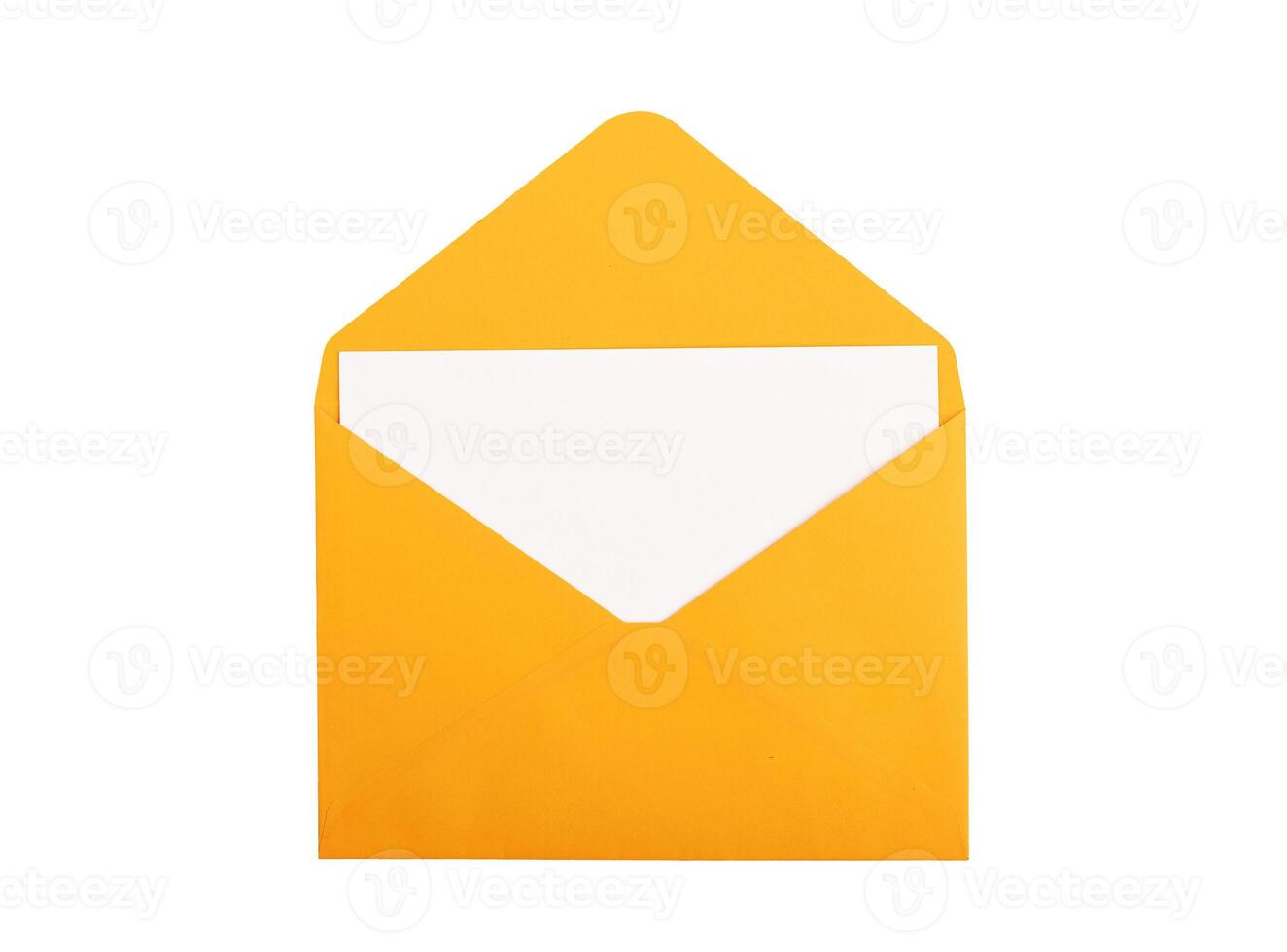 Postcard, card, paper sheet from open orange holiday envelope isolated on white background photo