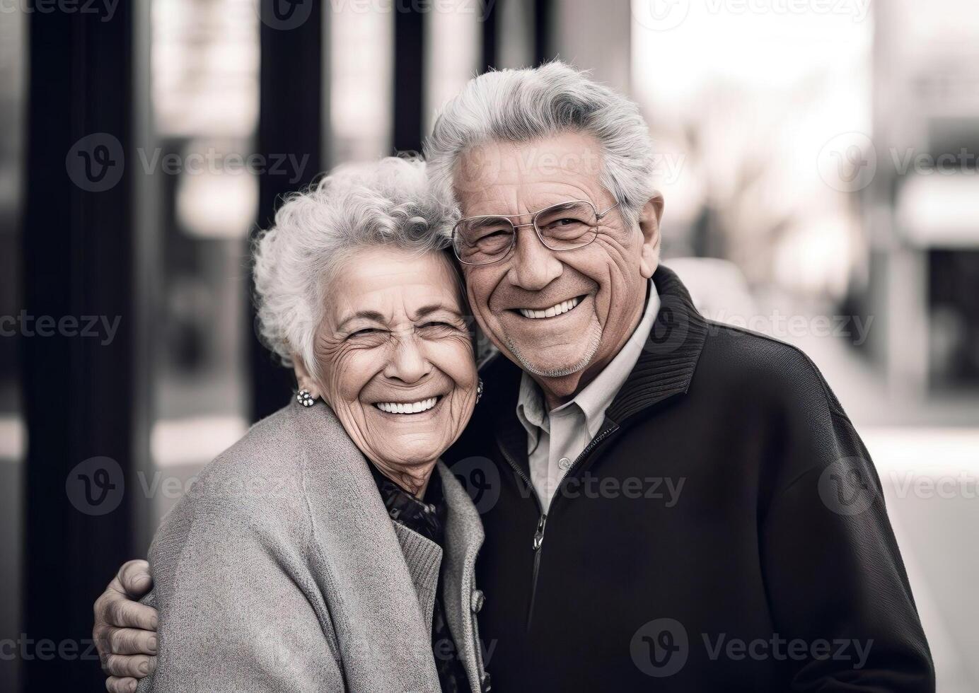 ai generado contento mayor pareja, casado hombre y mujer. sonriente abuelos retrato, abrazando antiguo socios foto