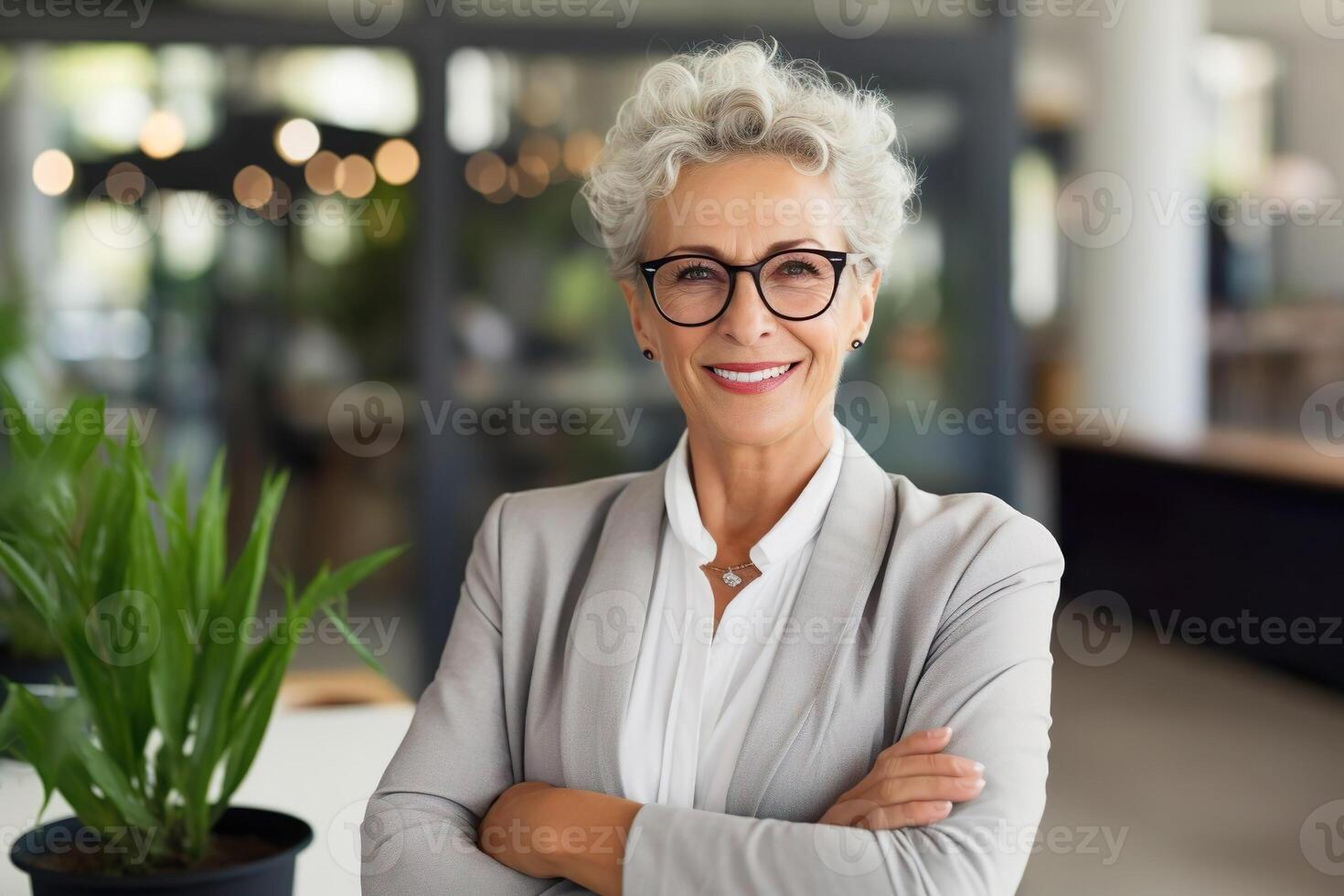 AI generated Senior CEO, woman manager portrait on blurred office background. Elderly female employee photo