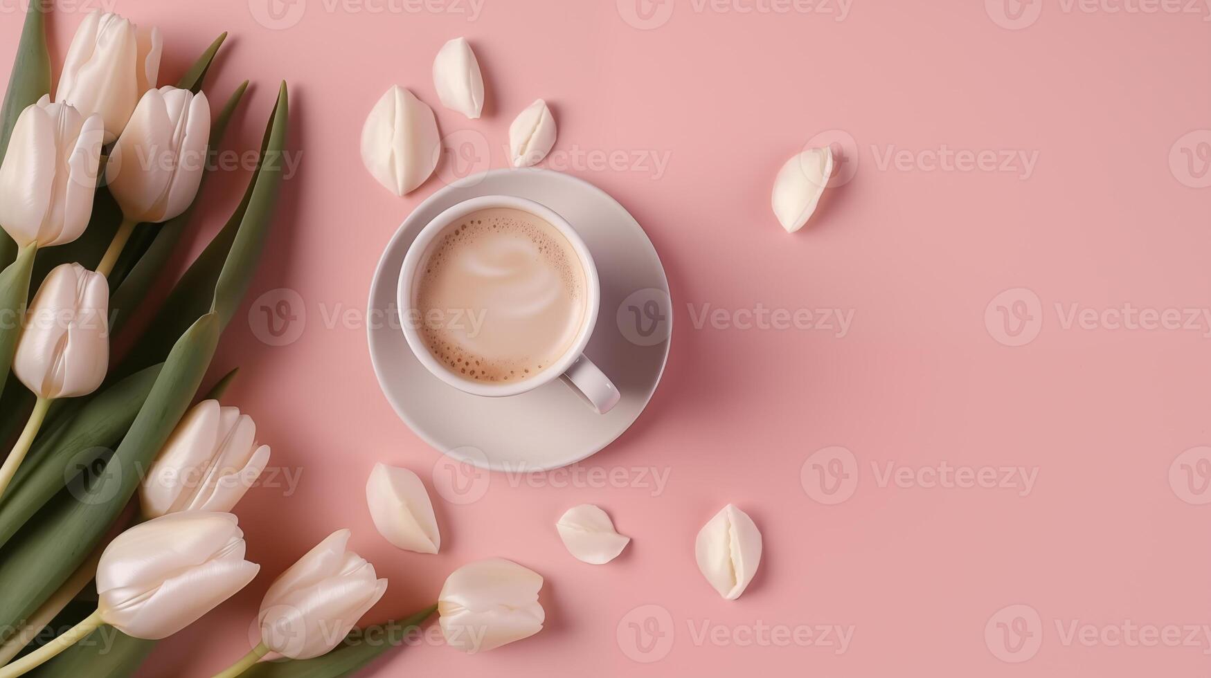 AI generated White tulips realistic with coffee photo