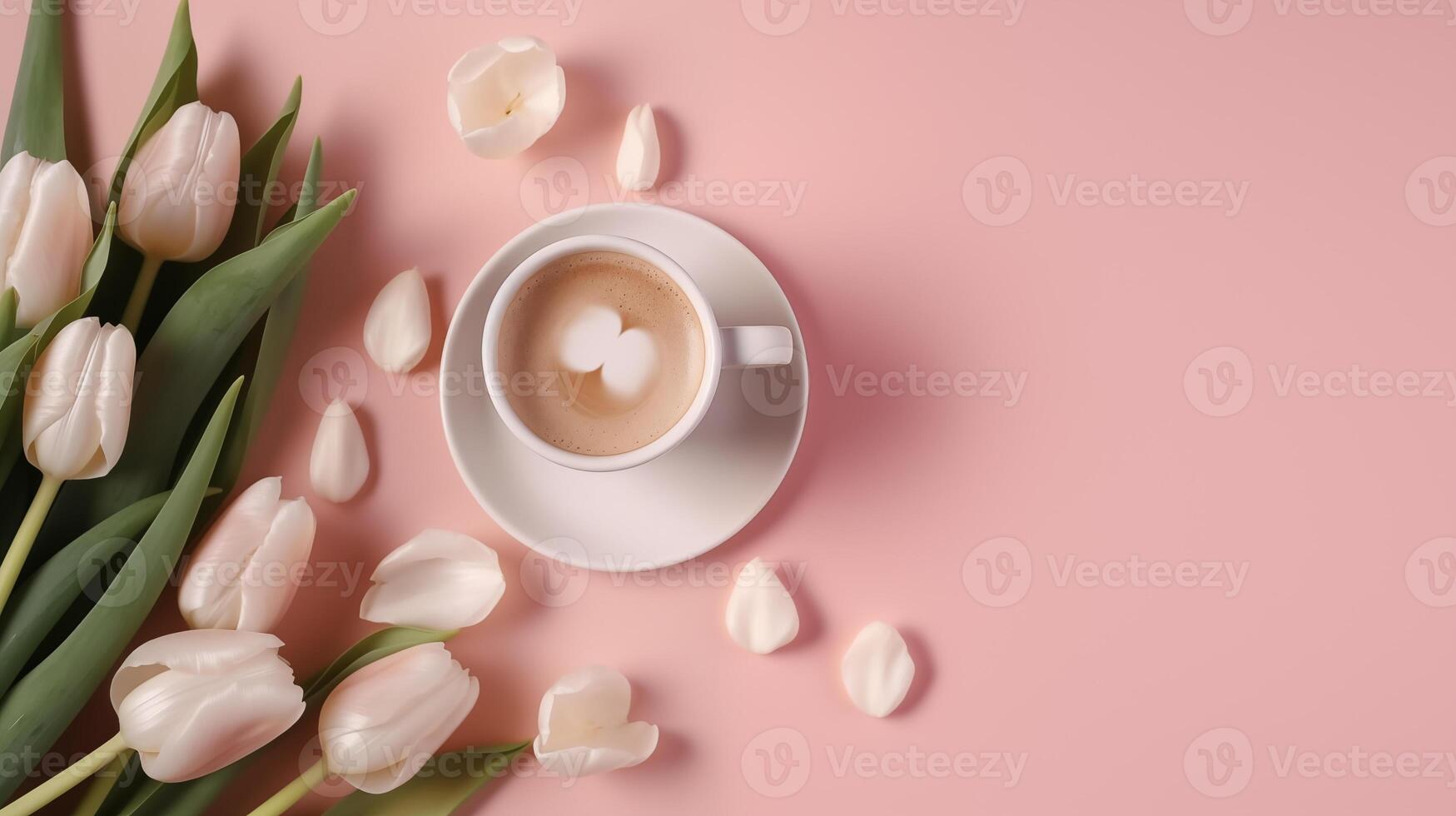 AI generated White tulips realistic with coffee photo