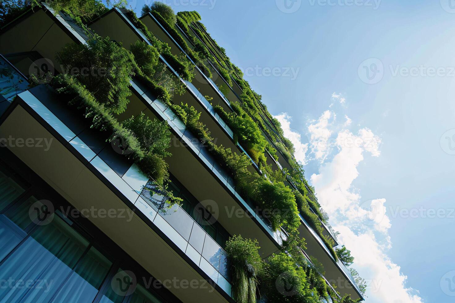 AI generated Sustainable green building. Eco-friendly building. Sustainable glass office building with tree for reducing carbon dioxide. Office with green environment. Corporate building reduce CO2. photo