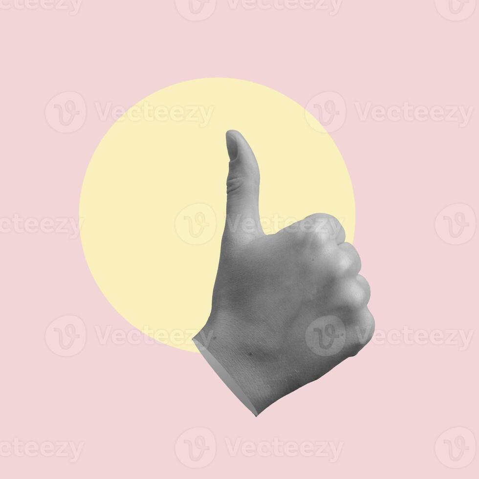 Thumbup gesture, thumb up hand sign. Approval, recommend, confirmation concept photo