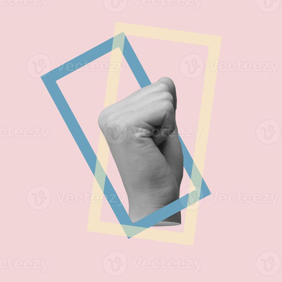 Women fist up, clenched hand. Female power, rights, protest concept card photo