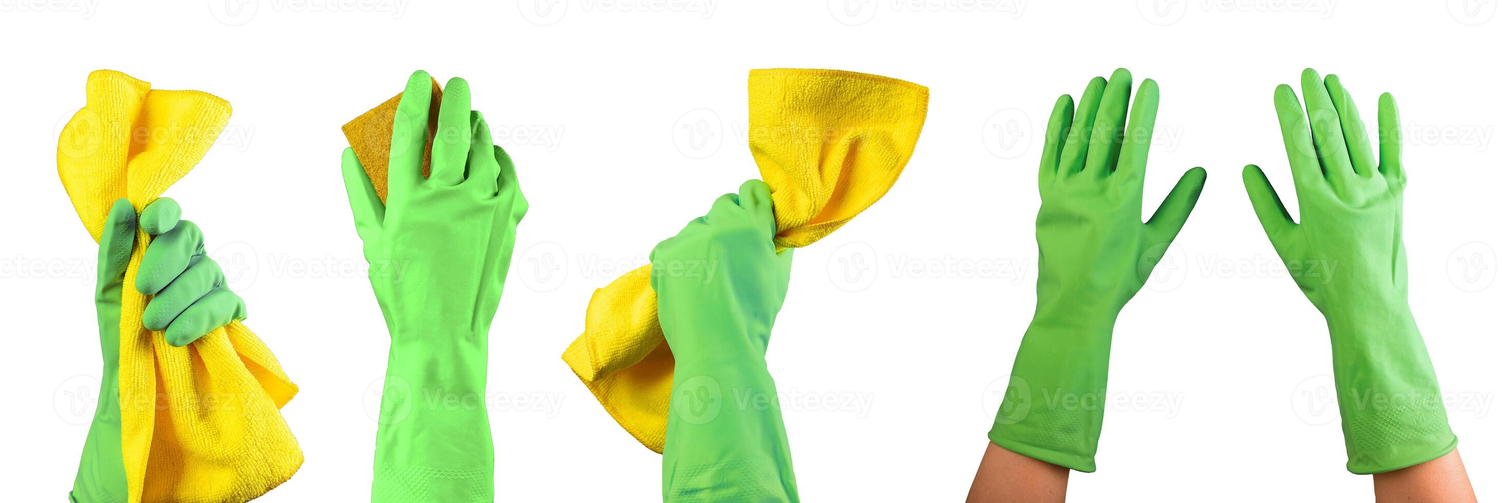 Hand in green gloves holding yellow cleaning polishing microfiber wiper set, isolated on white photo